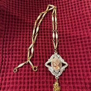 Vintage Gold Tone and enameled Cameo Pendant with white beaded Necklace